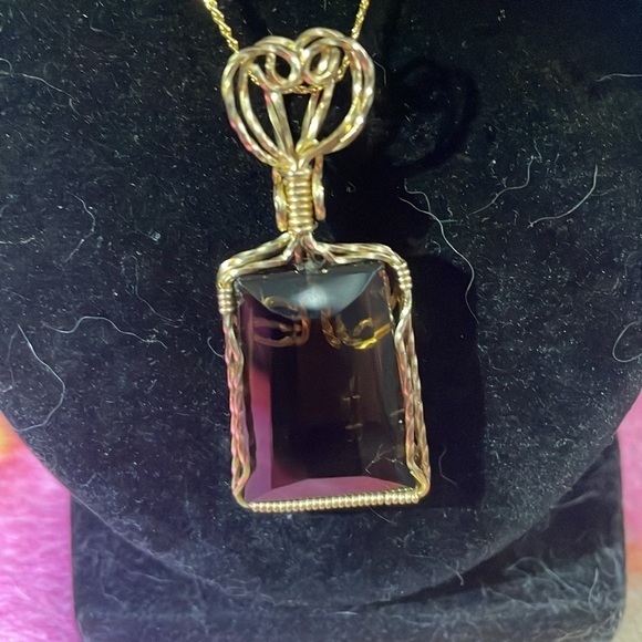 Gold Wire Wrapped brown glass Pendant Necklace - Picture 2 of 5